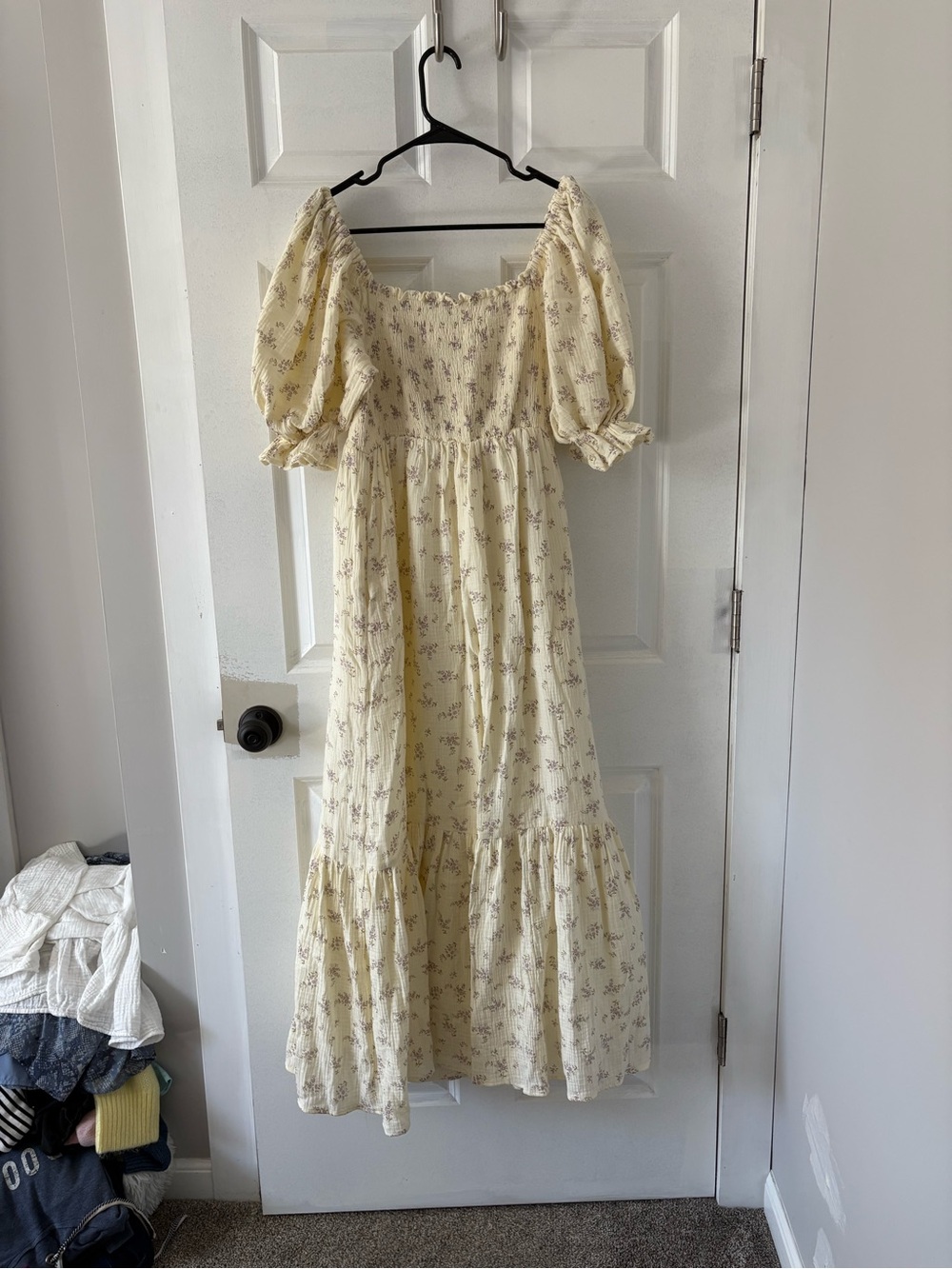Pale Yellow Floral Maxi Dress with Smocked Bodice